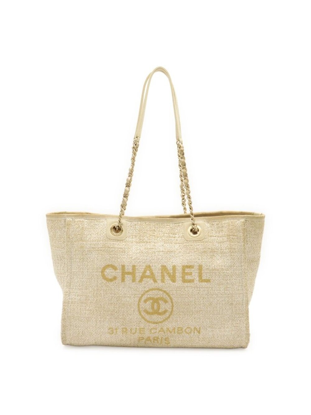 Chanel Deauville Line Tote MM Medium Chain Shoulder Bag White Gold Silver